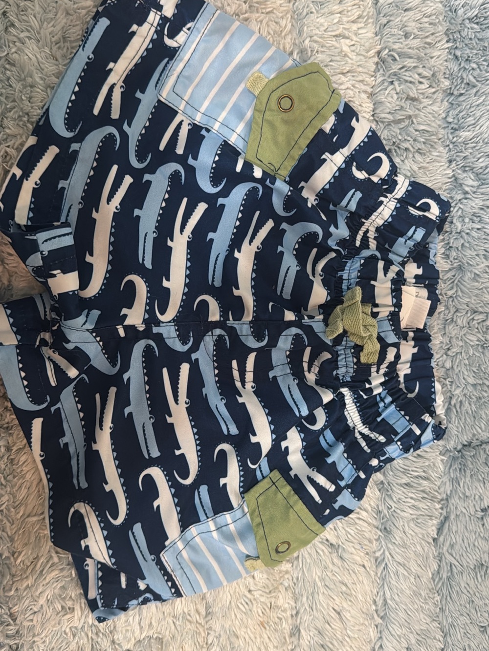 Mud Pie Navy Blue Crocodile Print Swim Trunks with Light Blue and Green Accents